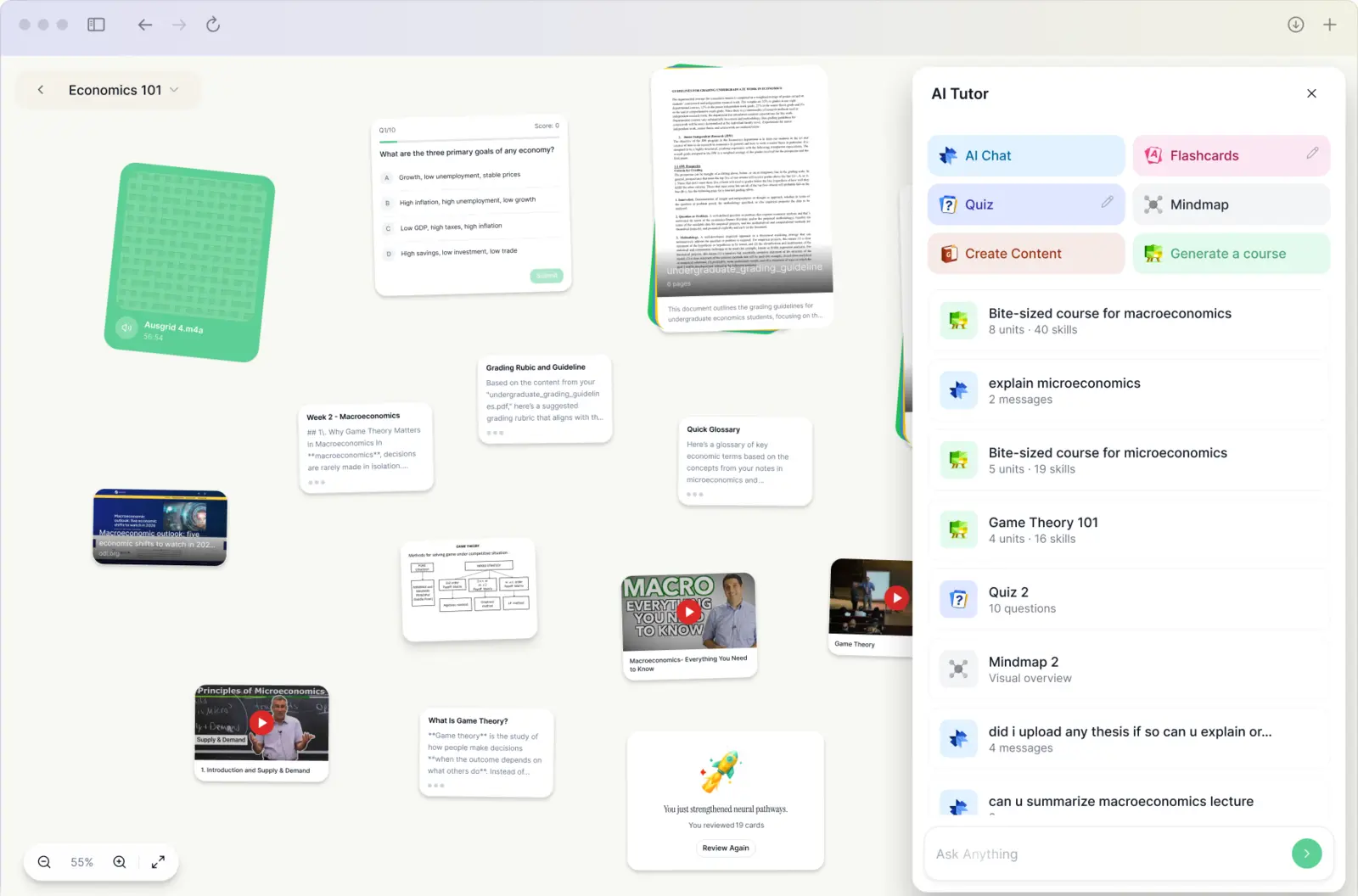 DueToday canvas workspace with notes, flashcards and quizzes from a YouTube video