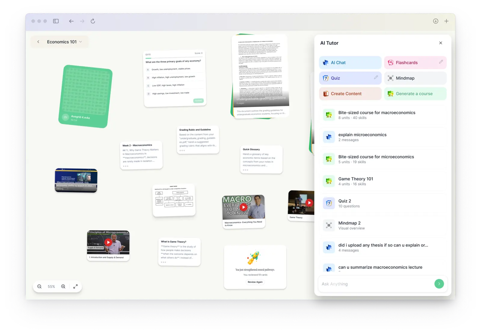 Duetoday AI study platform dashboard with notes, flashcards and quiz tabs