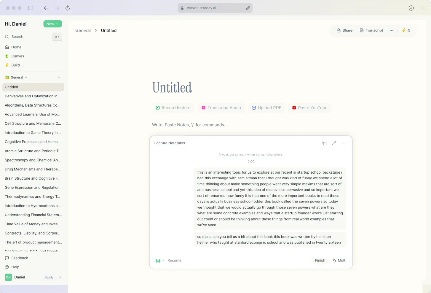 Duetoday turning a recorded lecture into a live transcript and structured notes